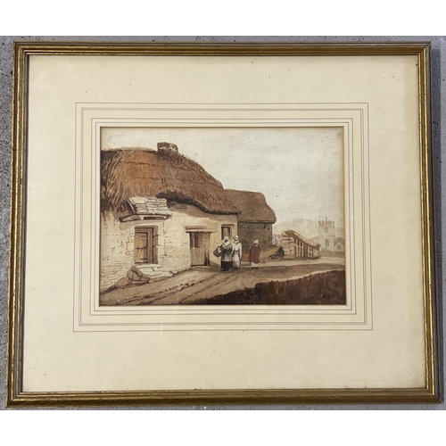 1362 - A framed and glazed 19th century English school watercolour painting of women outside a thatched cot... 