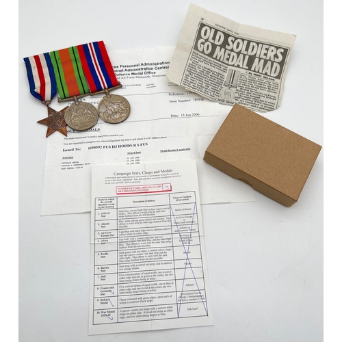 1180 - A group of WWII medals claimed by 1650592 Fus HJ Hodds R S FUS in June 2006. Comes with award letter... 