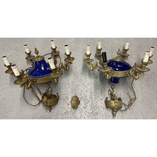 1388 - A pair of French inspired gilt bronze and blue glazed porcelain 6 arm chandelier ceiling lights by I... 