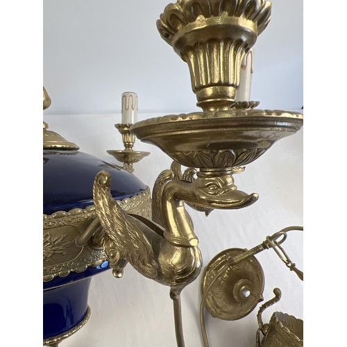 1388 - A pair of French inspired gilt bronze and blue glazed porcelain 6 arm chandelier ceiling lights by I... 