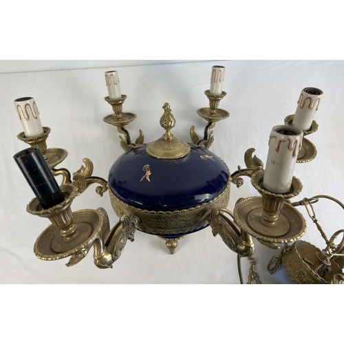 1388 - A pair of French inspired gilt bronze and blue glazed porcelain 6 arm chandelier ceiling lights by I... 