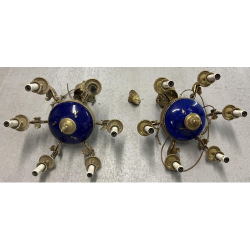 1388 - A pair of French inspired gilt bronze and blue glazed porcelain 6 arm chandelier ceiling lights by I... 