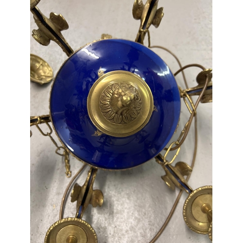 1388 - A pair of French inspired gilt bronze and blue glazed porcelain 6 arm chandelier ceiling lights by I... 