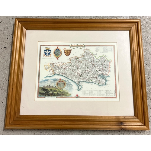 1371 - A framed and glazed map of Dorsetshire with printed scene of Shaftesbury and heraldry. In modern pin... 