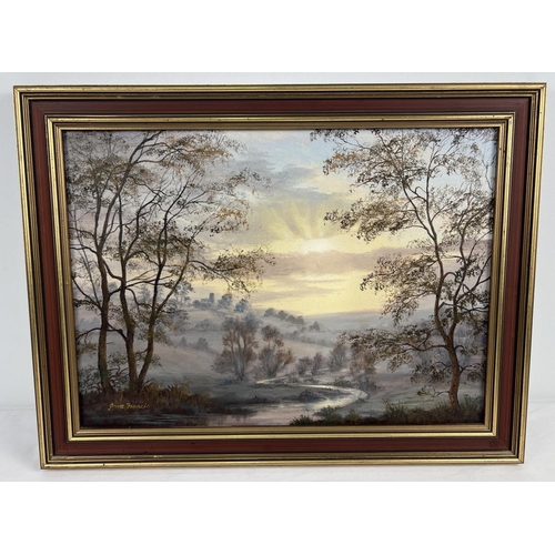 1372 - A framed oil of board by Prudence Francis, landscape artist from Hants, of the Meon Valley - Soberto... 