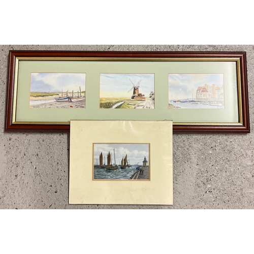 1373 - 3 signed Norfolk prints by Ron Brooks together with a mounted postcard of Gorleston from 1928. Local... 