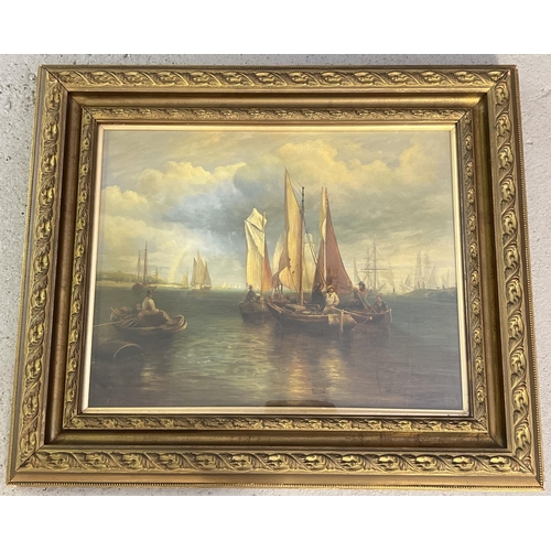 1374 - An antique gilt framed and glazed oil painting of ships and boats in a seascape scene. Indistinct si... 