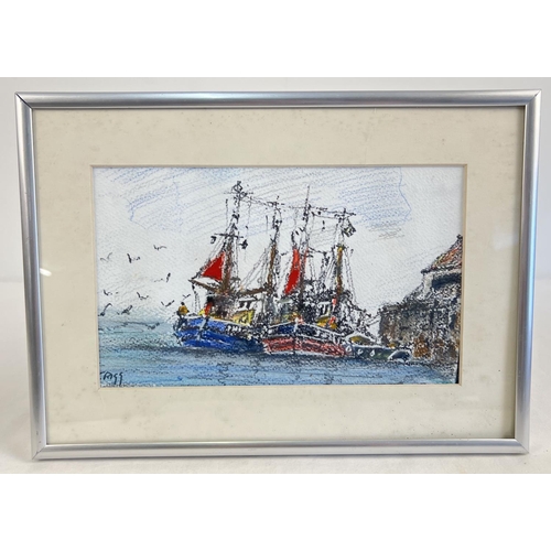 1376 - A framed and glazed small mixed media picture of fishing boats in a harbour, by Jack Rigg. Signed to... 