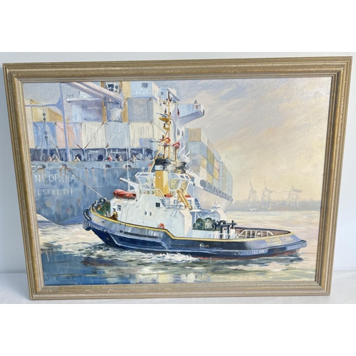 1378 - A framed Oil on canvas of a motor tug 