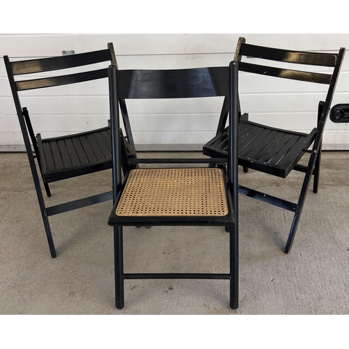 1405 - 2 vintage wooden folding chairs with slated wooden seats, together with another folding chair with a... 