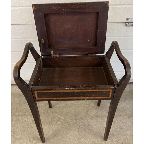 1406 - An Edwardian dark wood piano stool with curve design handle sides. Raised on square legs, with inlai... 