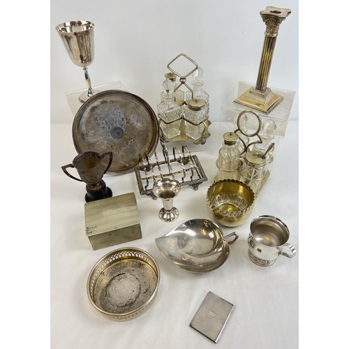 1178 - A box of assorted vintage silver plated items to include cut glass cruet sets and stands, small gall... 