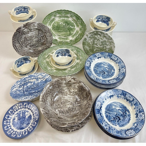 1241 - A box of assorted vintage table ware and mixed ceramics with printed scenic patterns. To include: Gr... 