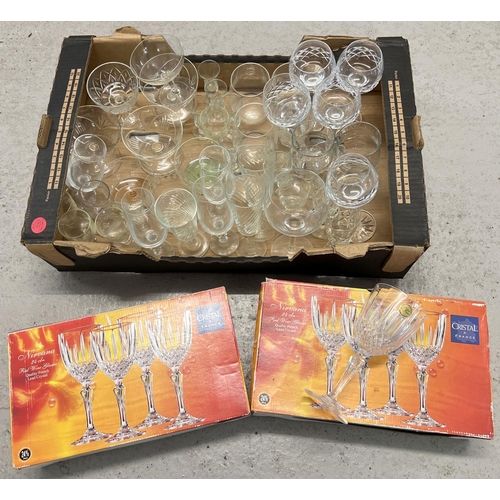 1264 - A box of assorted vintage stemmed glassware together with 2 boxed sets of 4 French crystal red wine ... 