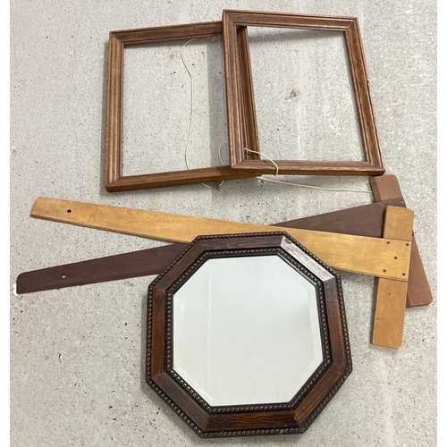 1361 - A collection of vintage wooden items to include an Art Deco oak framed octagonal shaped wall mirror ... 