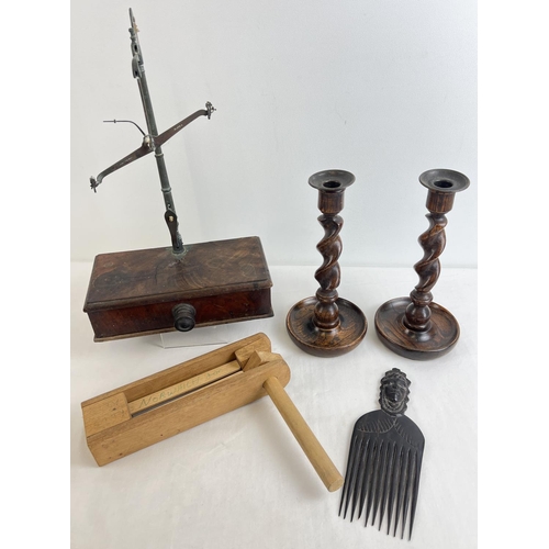 1363 - A collection of vintage wooden items to include a pair of barley twist candlesticks, antique Avery p... 