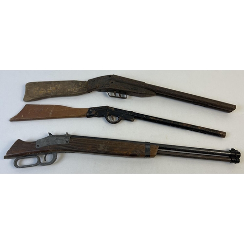 63 - 3 vintage 1950's toy air rifles with wooden handles. One marked 'Replicas by Parris, Savannah, Made ... 