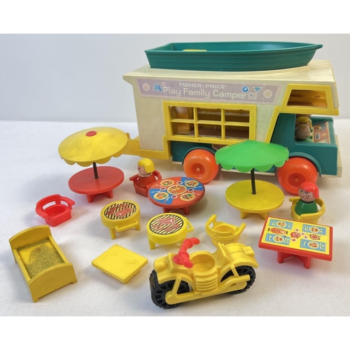 83 - A vintage Fisher Price Play Family Camper van with Boat and accessories. Age related sun fading to c... 