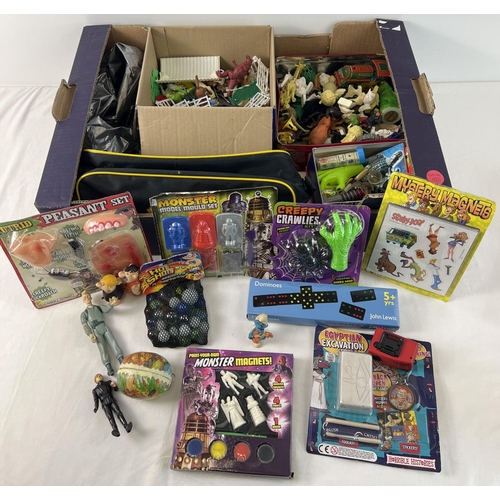 96 - A box of assorted vintage toys and games. To include Doctor Who, plastic farm animals, marbles, Star... 