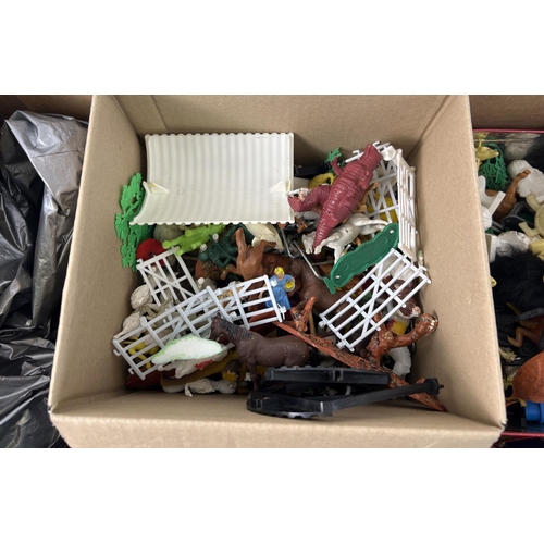 96 - A box of assorted vintage toys and games. To include Doctor Who, plastic farm animals, marbles, Star... 