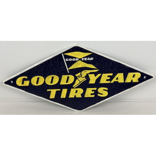 1298 - A diamond shaped painted cast iron Goodyear tyres wall plaque. Painted in blue, yellow & white and w... 