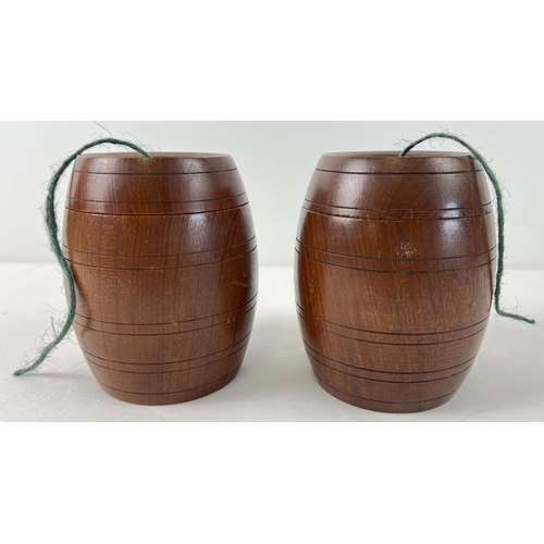 1305 - 2 vintage dark oak string barrels with channelled detail and screw top lids. Each approx. 12cm tall.