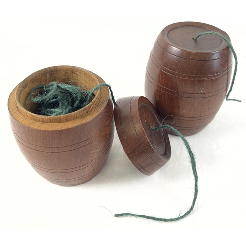 1305 - 2 vintage dark oak string barrels with channelled detail and screw top lids. Each approx. 12cm tall.