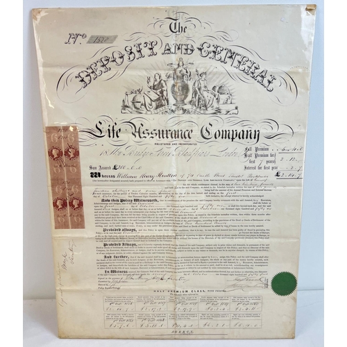 1281 - A Victorian Life Assurance Policy certificate from 1856 for William Henry Stratton, Bristol. Mounted... 