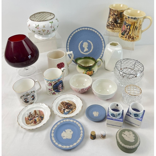 1211 - A box of assorted vintage ceramics and glass to include Wedgwood Jasper ware items and Wild Strawber... 