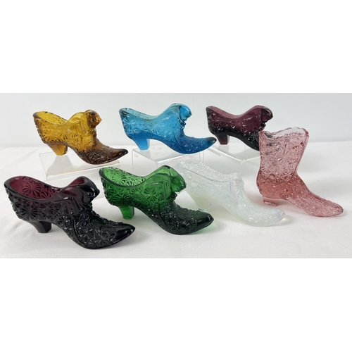 1242 - 7 vintage coloured glass shoe ornaments to include Fenton glass daisy & button shoes.