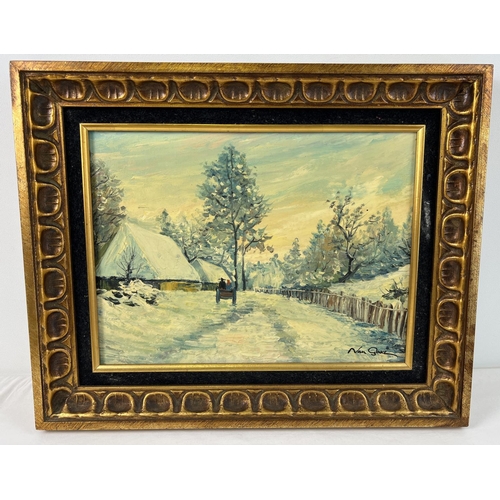 1378 - A vintage gilt framed oil on canvas painting depicting a couple riding a cart on a snowy road. Signe... 