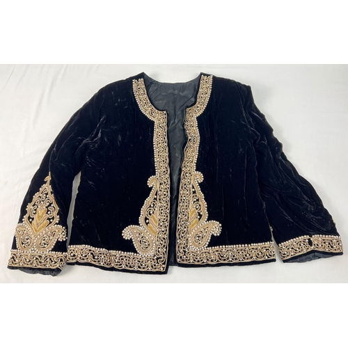 1364 - A vintage black velvet jacket with beaded and metallic thread detail. Heavily detailed bead and thre... 