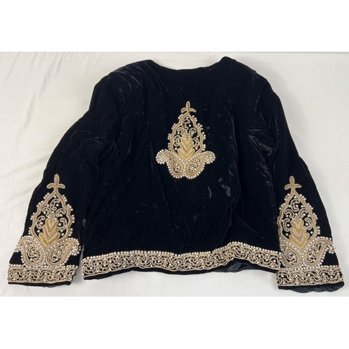 1364 - A vintage black velvet jacket with beaded and metallic thread detail. Heavily detailed bead and thre... 