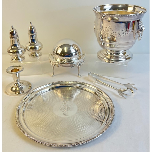 1107 - A quantity of 'Silver Bouquet' silver plated table ware. To include Ice bucket with tongs, 9