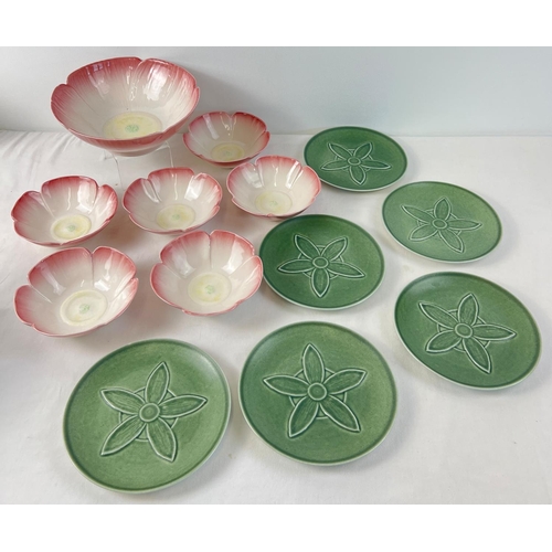 1213 - A vintage Branksome China pink lily pad dessert/fruit set. Comprising large serving bowl and 6 fruit... 