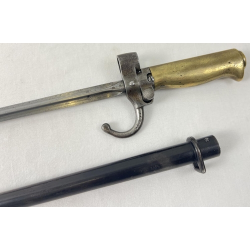 1183 - An Antique French rifle sword bayonet with scabbard. Stamped P51251 to cross guard. Total length app... 