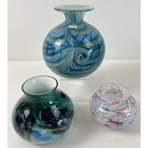 1243 - 3 art glass bulbous shaped vases to include a blue, green and white swirl design by Gozo. Largest ap... 