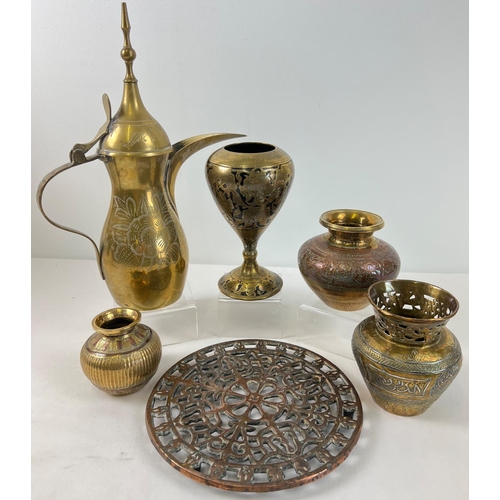 1266 - A collection of vintage Eastern brass items to include Islamic style coffee pot and Cairo ware vase ... 