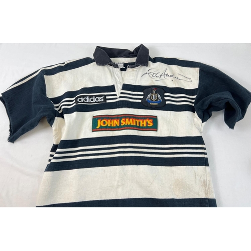 1302 - A 1990's Newcastle Falcons No 10 Rugby shirt, worn by and signed by Fly half Rob Andrew. Size XL.