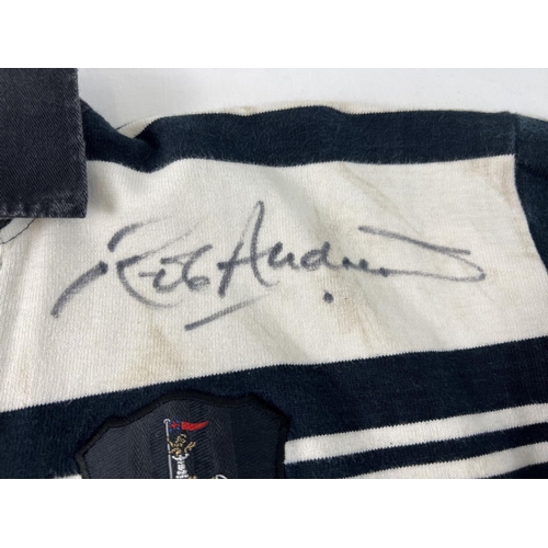 1302 - A 1990's Newcastle Falcons No 10 Rugby shirt, worn by and signed by Fly half Rob Andrew. Size XL.