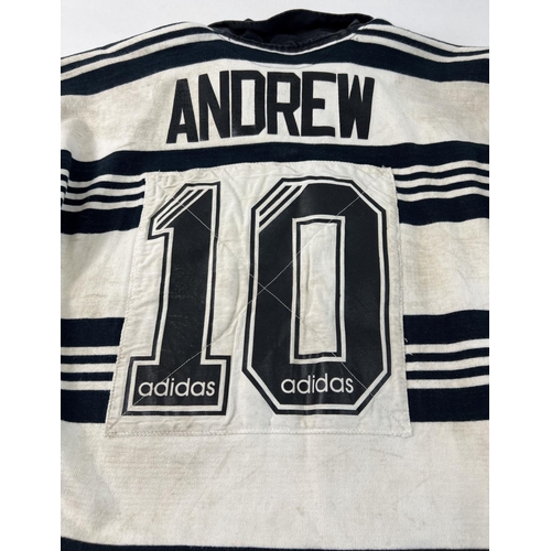 1302 - A 1990's Newcastle Falcons No 10 Rugby shirt, worn by and signed by Fly half Rob Andrew. Size XL.