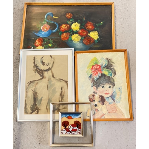 1380 - 4 vintage framed pictures, to include a glazed nude ink sketch (approx. 51cm x 39cm) and a still lif... 