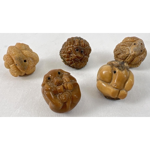 1270 - 5 small spherical carved netsukes in the form of animals, to include snake, horse, dragon and pig. E... 