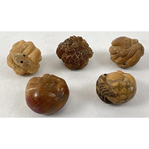 1270 - 5 small spherical carved netsukes in the form of animals, to include snake, horse, dragon and pig. E... 