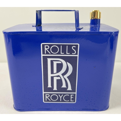 1291 - A small blue metal Rolls Royce petrol can with brass screw top lid. Approx. 18.5cm tall.