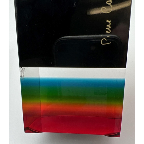 1317 - A 1970's black and rainbow stripe Lucite smoking set by Pierre Cardin. Block lighter with gold tone ... 