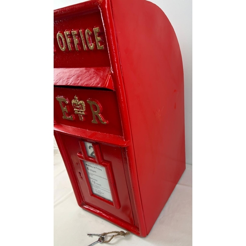 1141 - A full sized, red painted, cast metal ER post box with gold painted detail. Complete with keys.