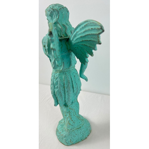 1405 - A vintage cast iron garden ornament modelled as a fairy drinking from a shell, painted green. Approx... 