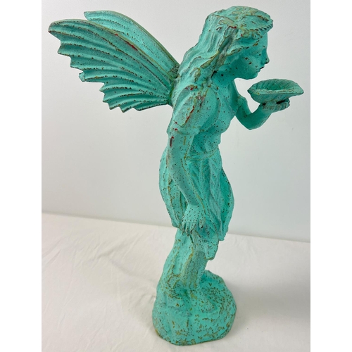 1405 - A vintage cast iron garden ornament modelled as a fairy drinking from a shell, painted green. Approx... 