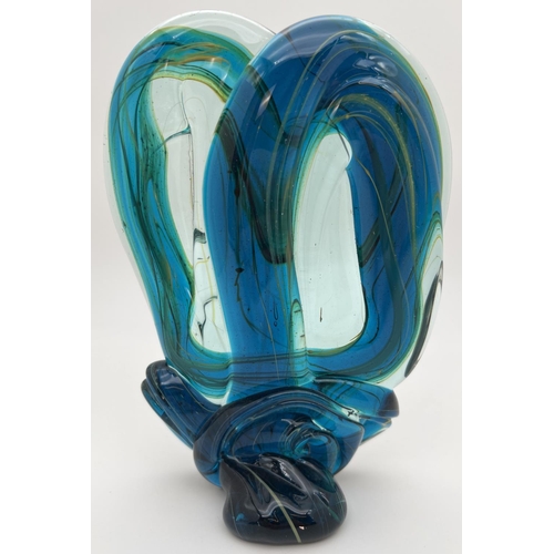 1247 - A larger Mdina glass knot sculpture in blue, green clear and gold glass. Approx. 20cm tall.